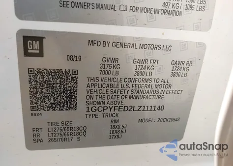 2020 Chevrolet Silverado 1500 4Wd Short Bed Lt Trail Boss z USA, uszkodzony, nr VIN 1GCPYFED2LZ111140